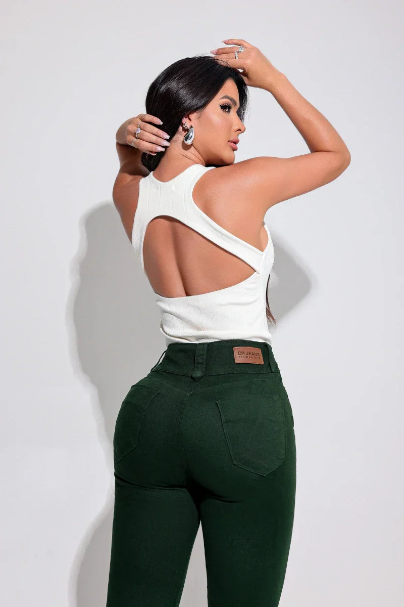 Calça Jeans Ultra Modeladora Verde Barra Com Detalhe JEB942
